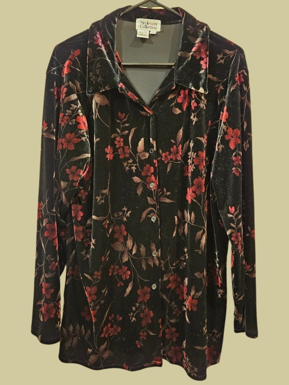 Style & Co. Velvet Black Floral Button Up Blouse